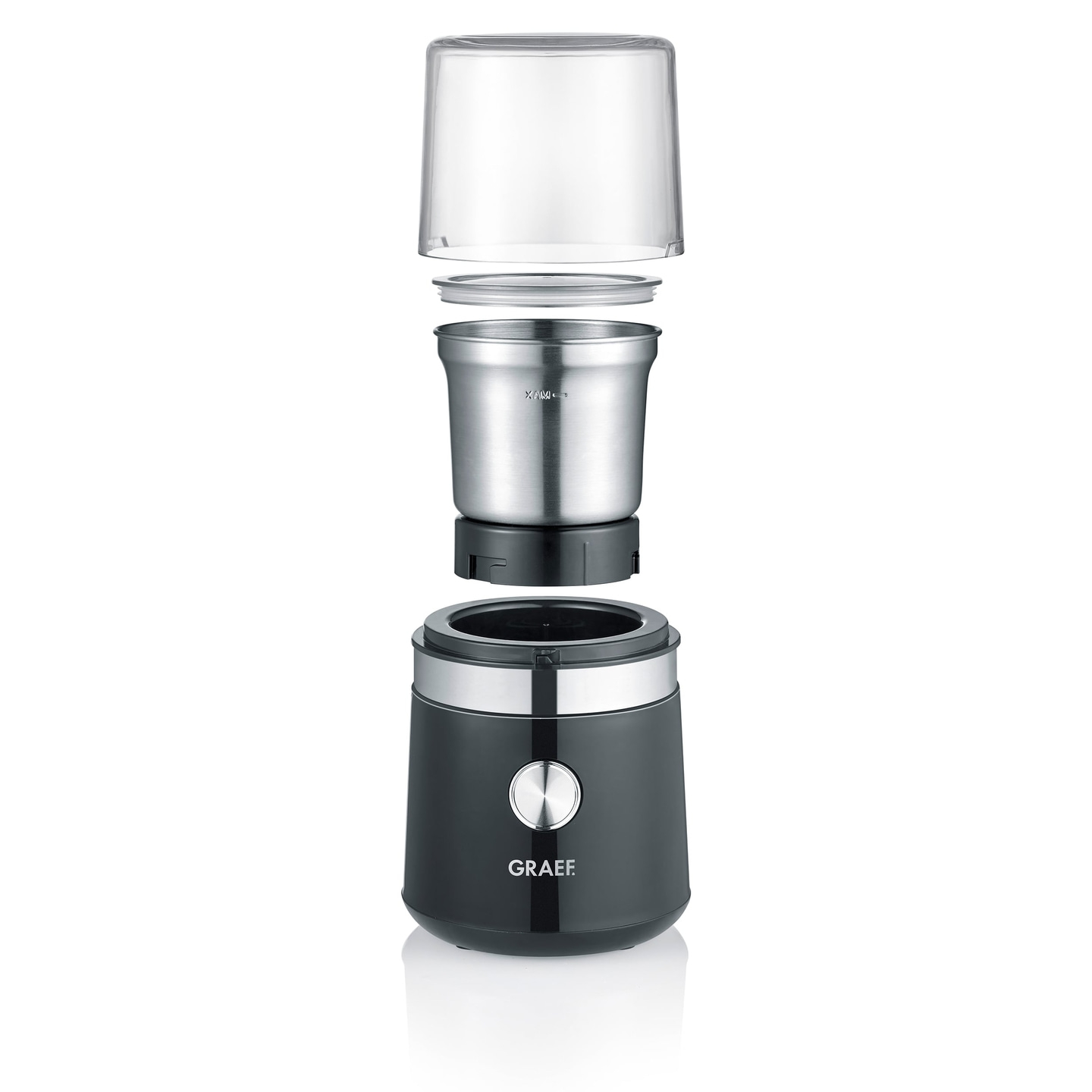 Coffee grinder, disassembled, with transparent lid and stainless steel container, GRAEF logo