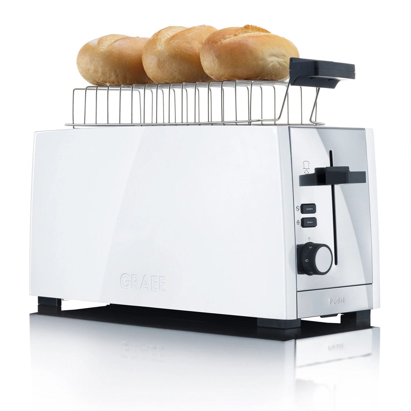 Grille-pain blanc avec chauffe-pain et petits pains, logo GRAEF, design moderne