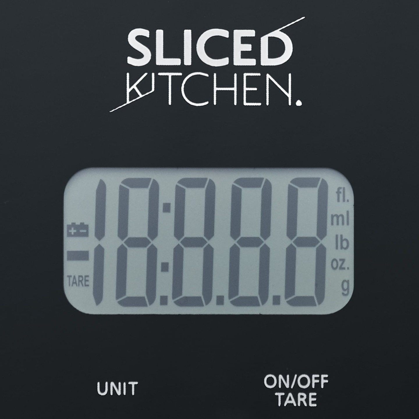 Kitchen scale displaying 18:8.8.8, units, and TARE function with black background.