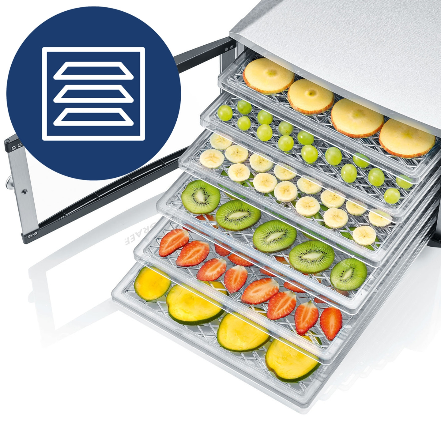 Food dehydrator with fruits: apples, grapes, bananas, kiwi, strawberries, mango.