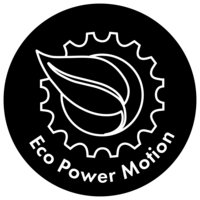 Logo avec engrenage, feuille et texte 'Eco Power Motion' sur fond noir.