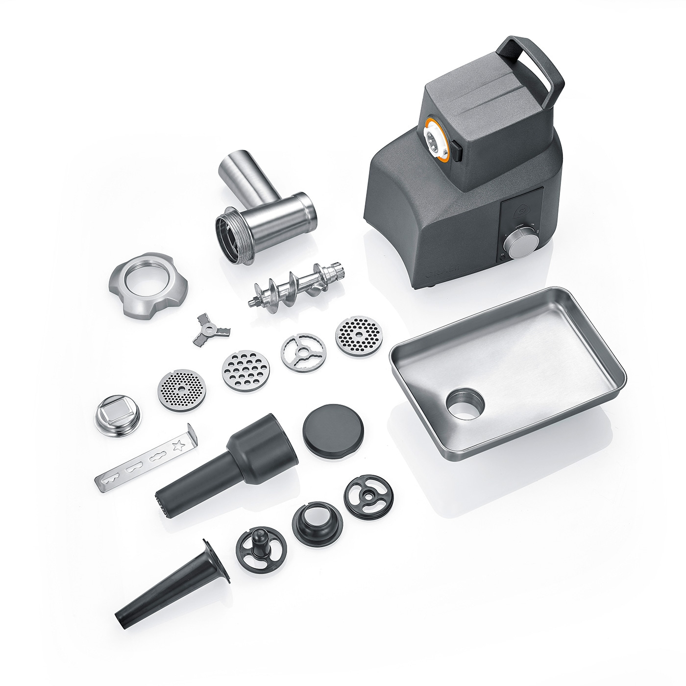 Meat grinder with accessories, disassembled on white background, close-up shot