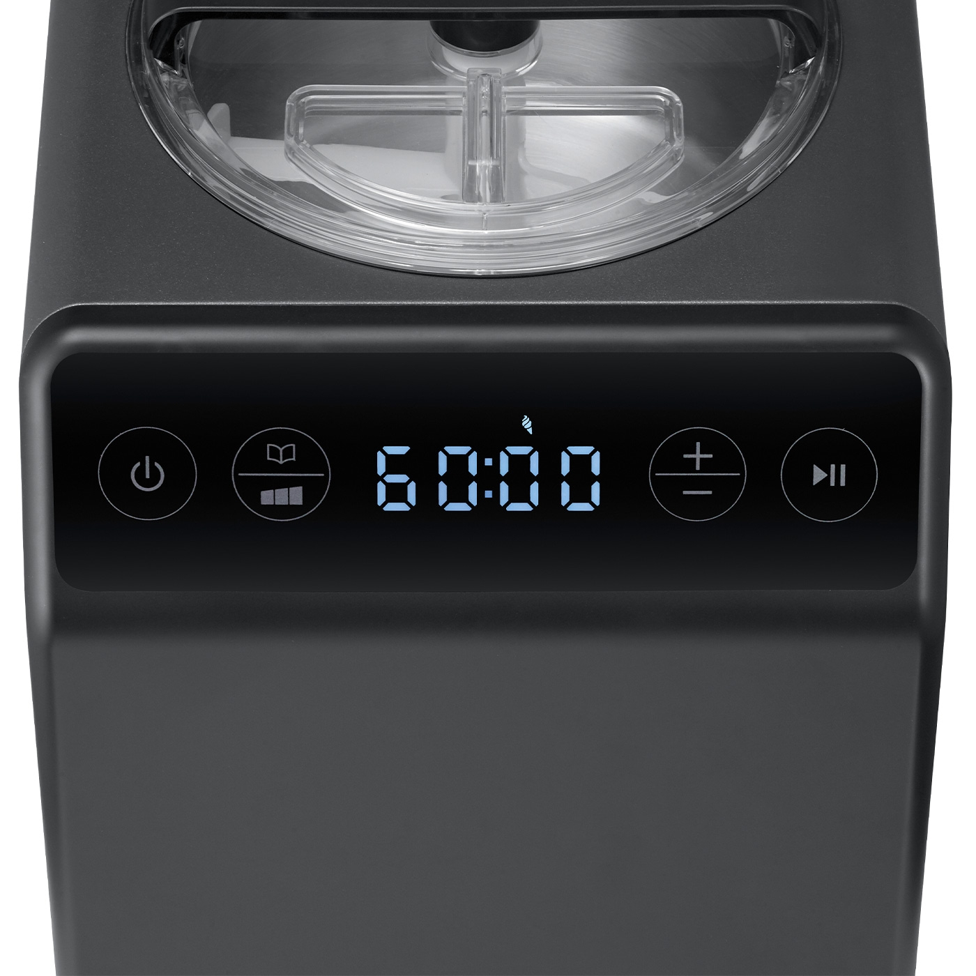 Ice cream machine with digital display, buttons, and a timer showing 60:00 minutes.