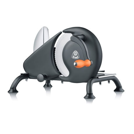 Black slicer with orange handle and a circular saw blade for food