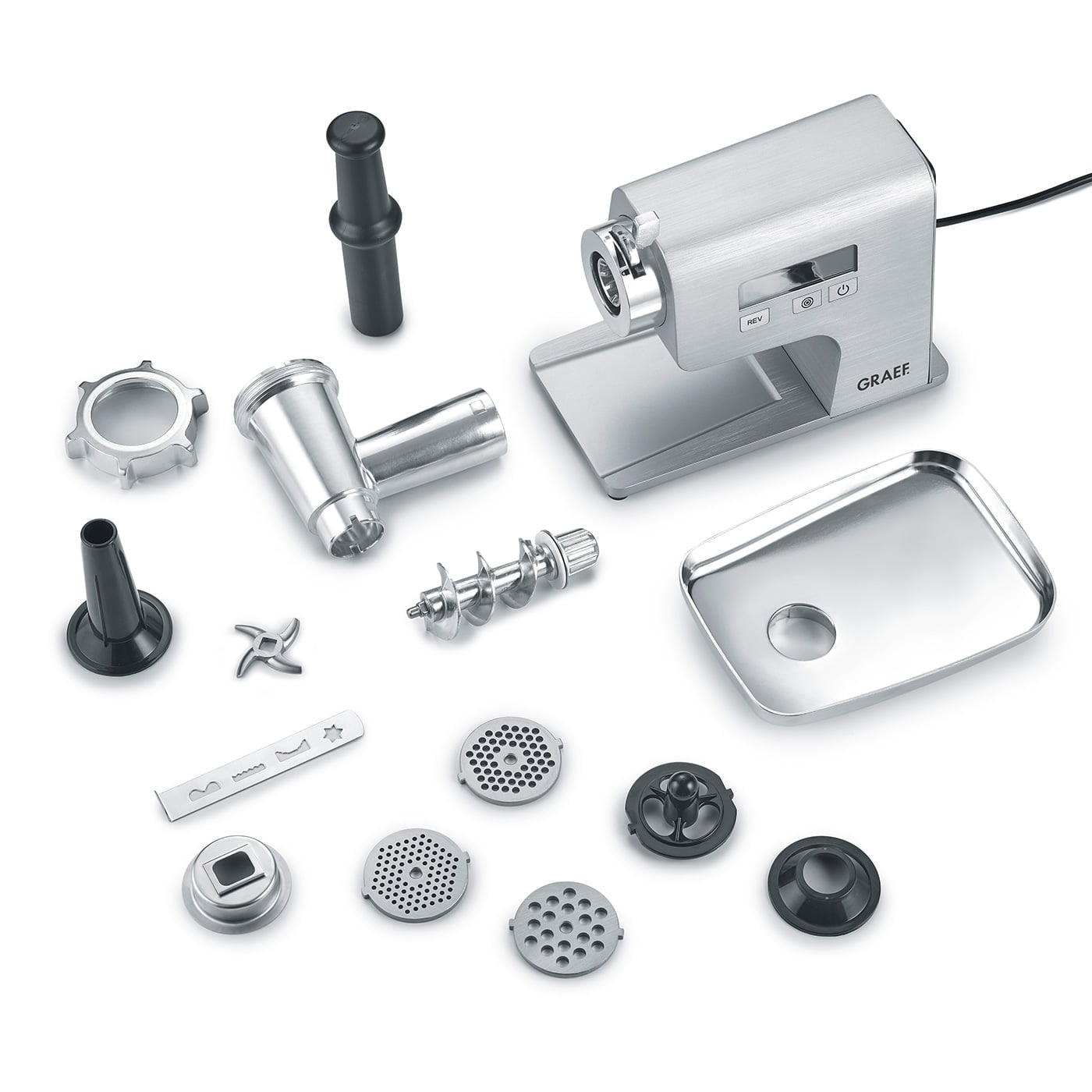 Meat grinder with accessories, stainless steel, disassembled, for kitchen, close-up