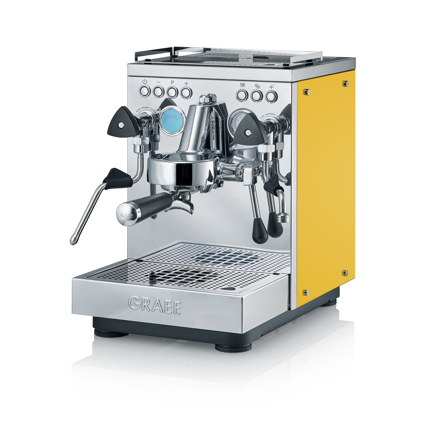 Machine à expresso jaune avec détails argentés et logo GRAEF sur fond blanc.