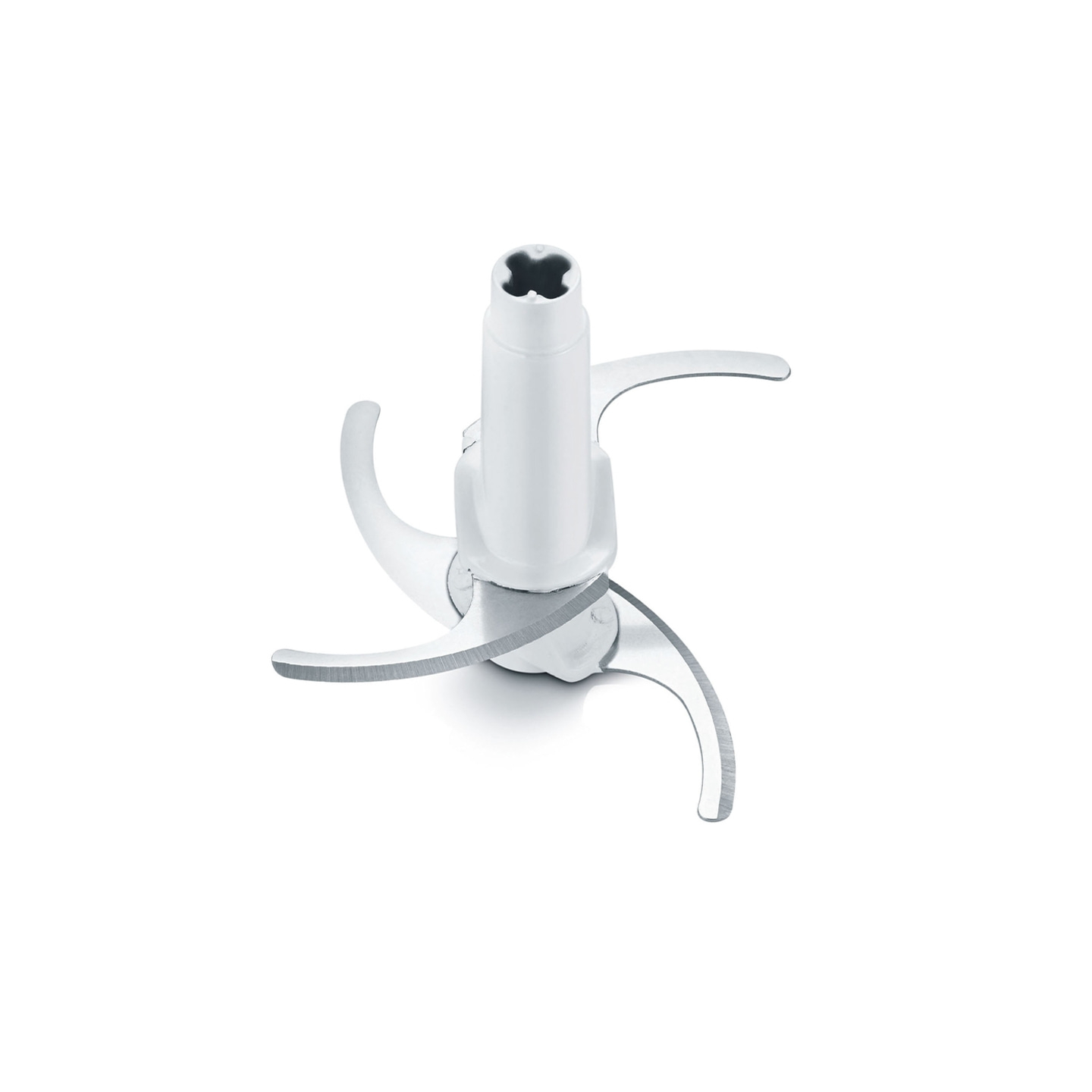 Elettrodomestico da cucina bianco con lame affilate isolate su sfondo bianco, primo piano.