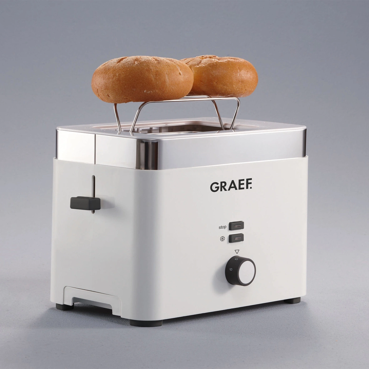 White toaster with buns, GRAEF logo, buttons, and a dial for toasting.