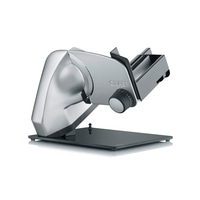 Silver Graef food slicer on white background, close-up shot, kitchen appliance