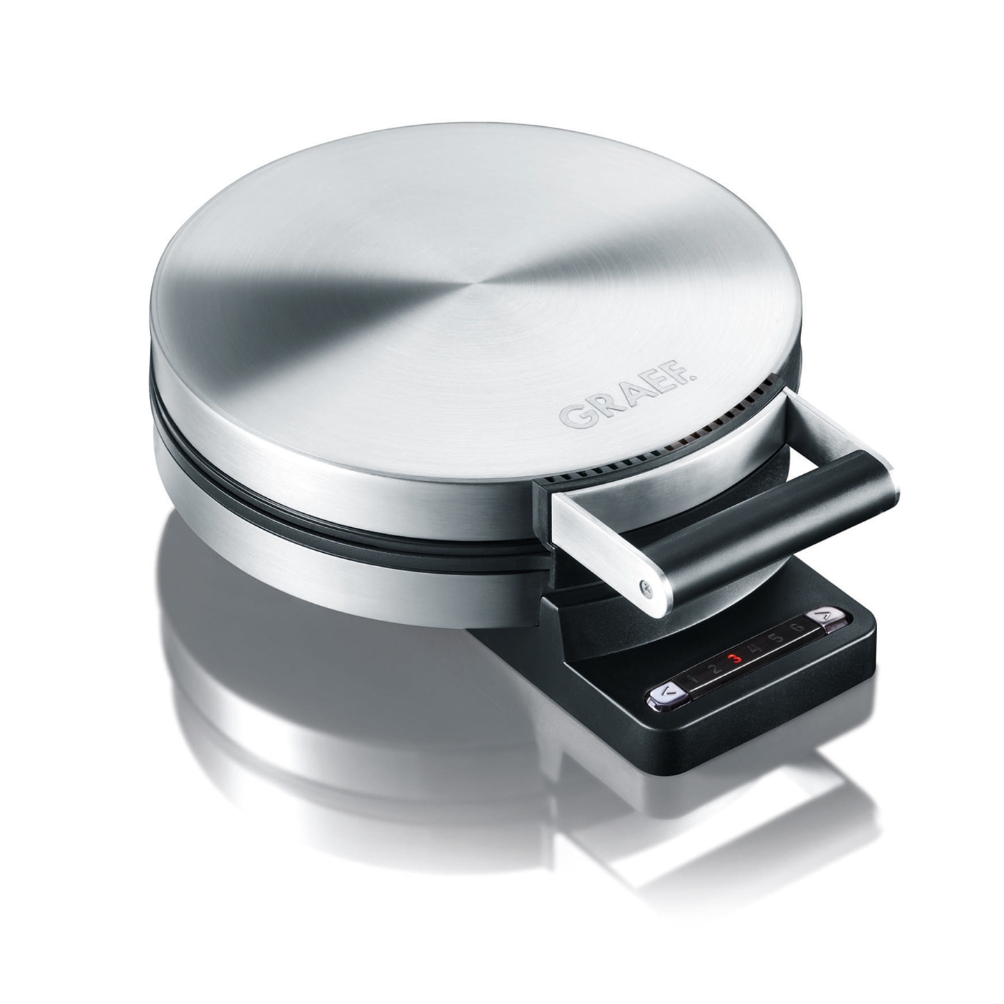 Round stainless steel Graef waffle iron with handle and digital display, modern design