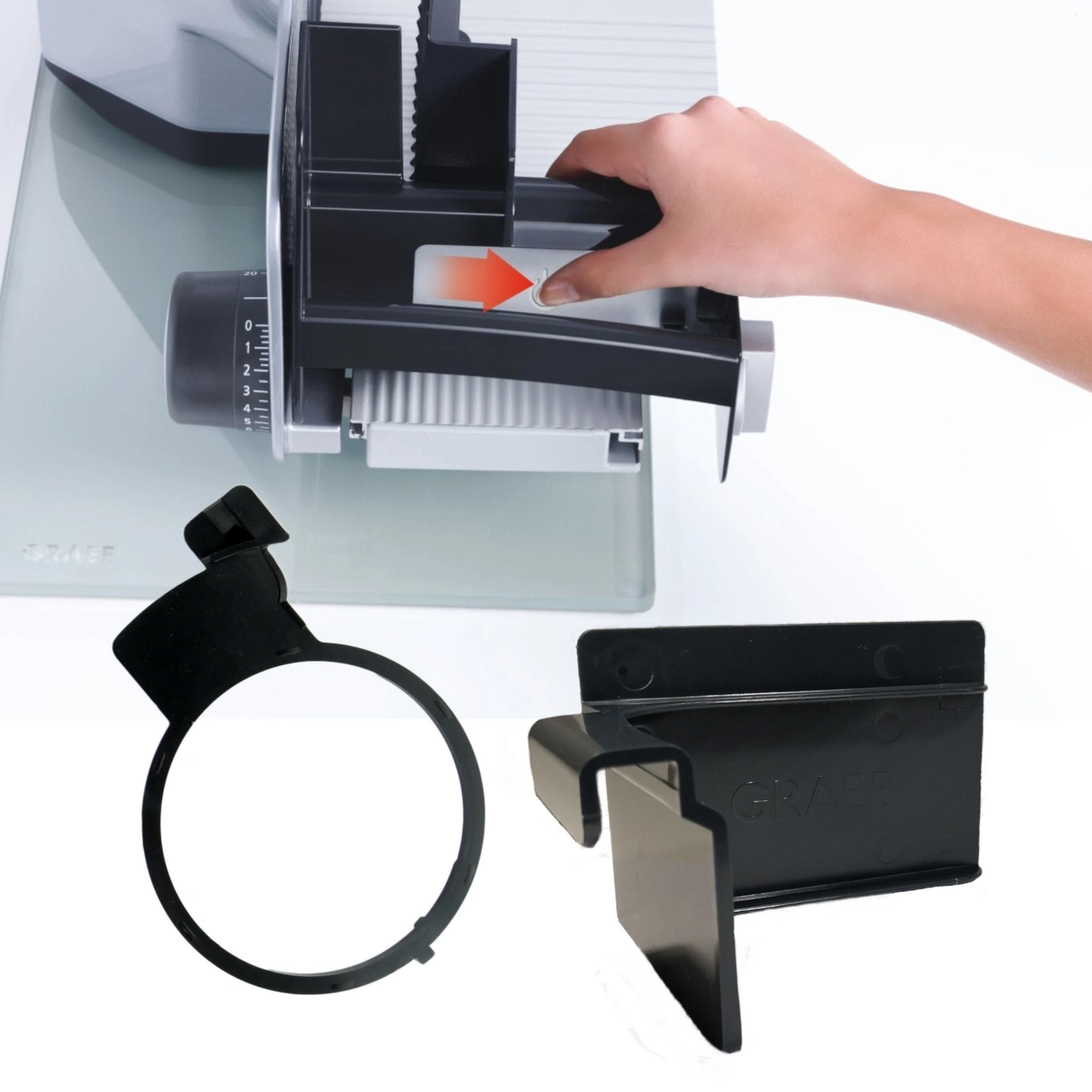 Trancheuse à viande avec accessoires, actionnée à la main, flèche direction