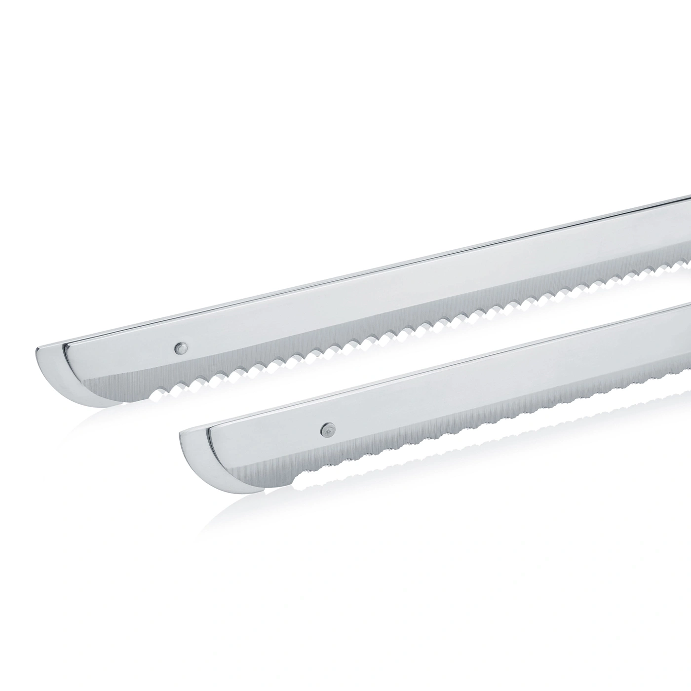 Two serrated bread knives on a white background, close-up shot.