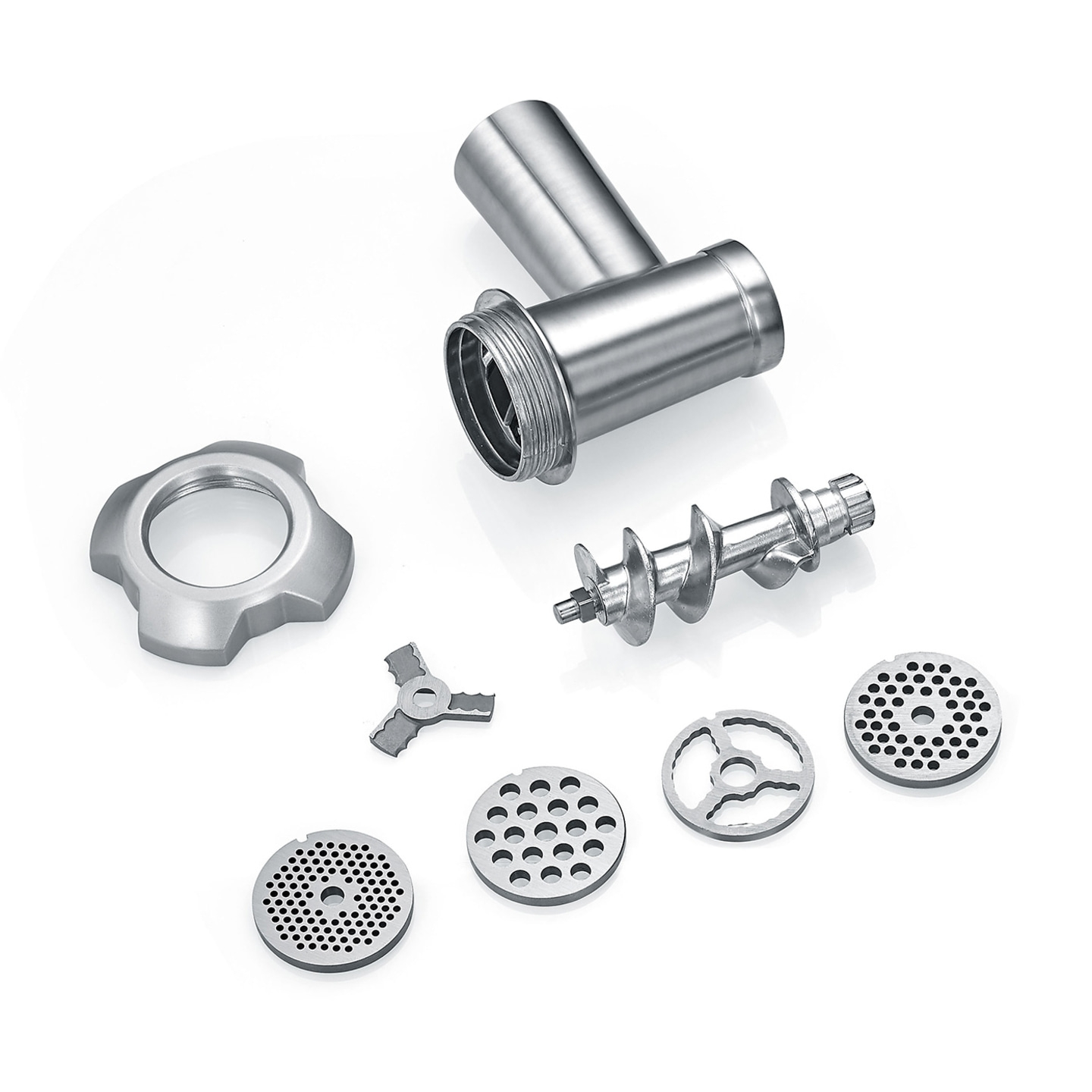 Disassembled meat grinder parts, stainless steel, for food preparation.