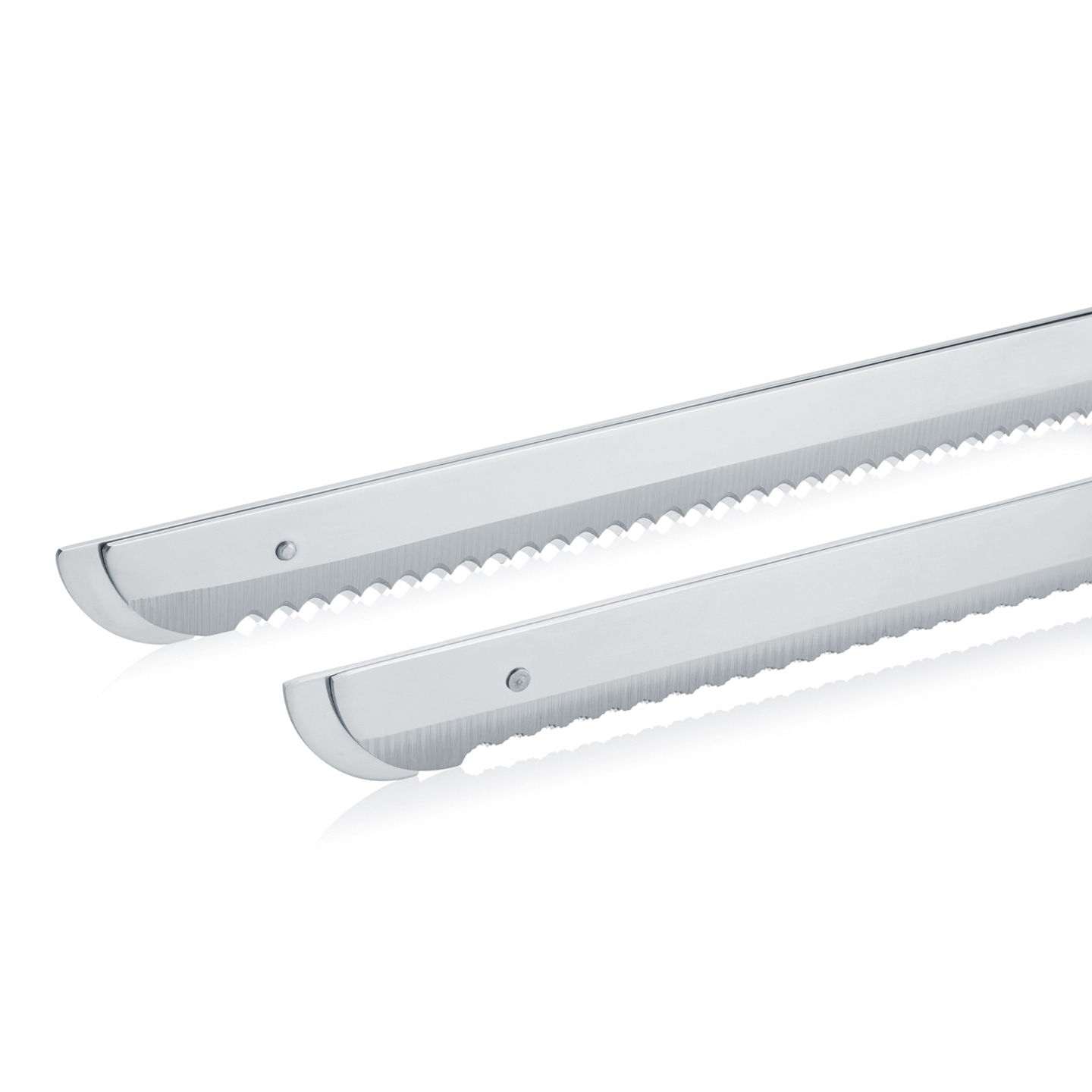Two serrated bread knives on a white background, close-up shot.
