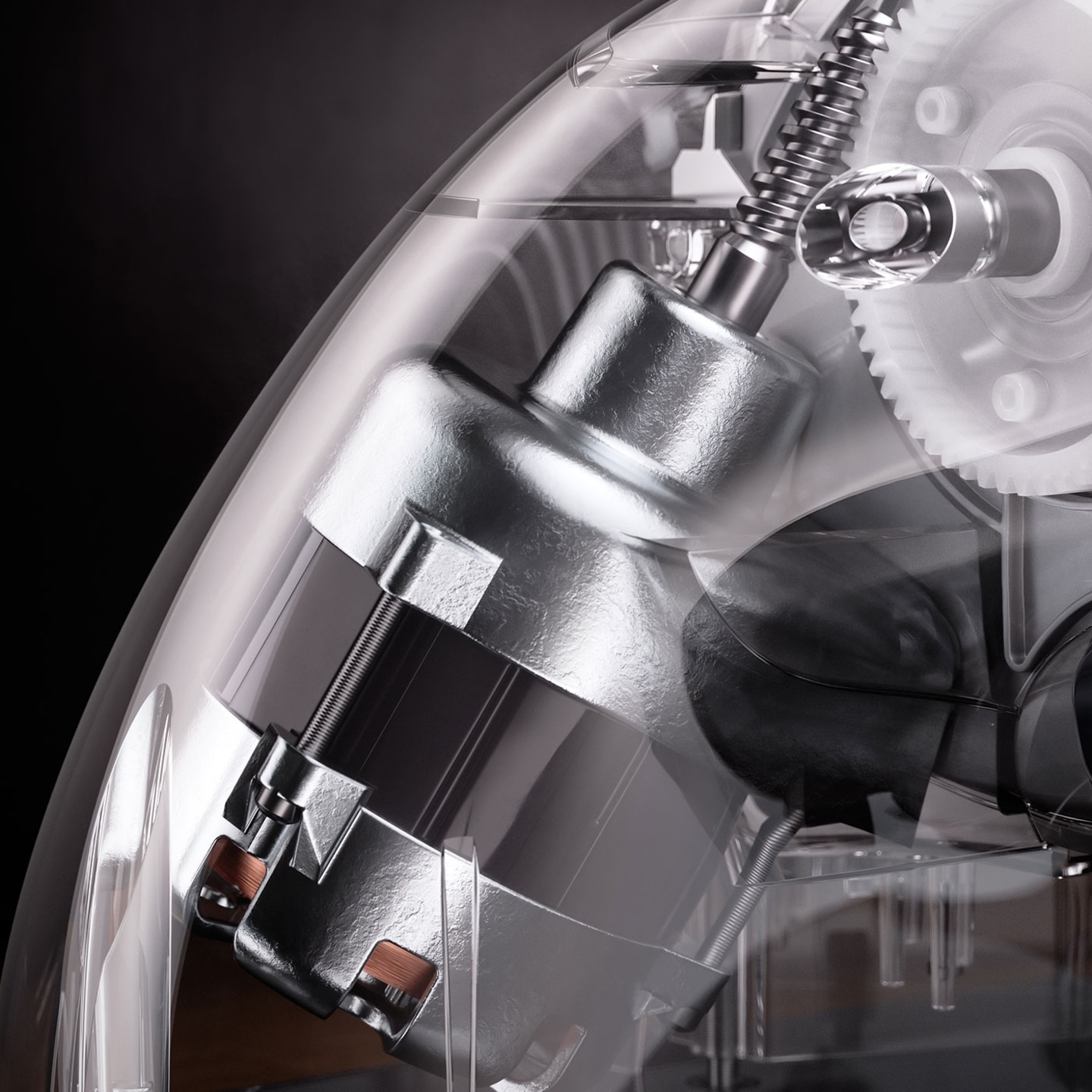 Transparent machine with metal parts and gears, close-up, technology, engineering