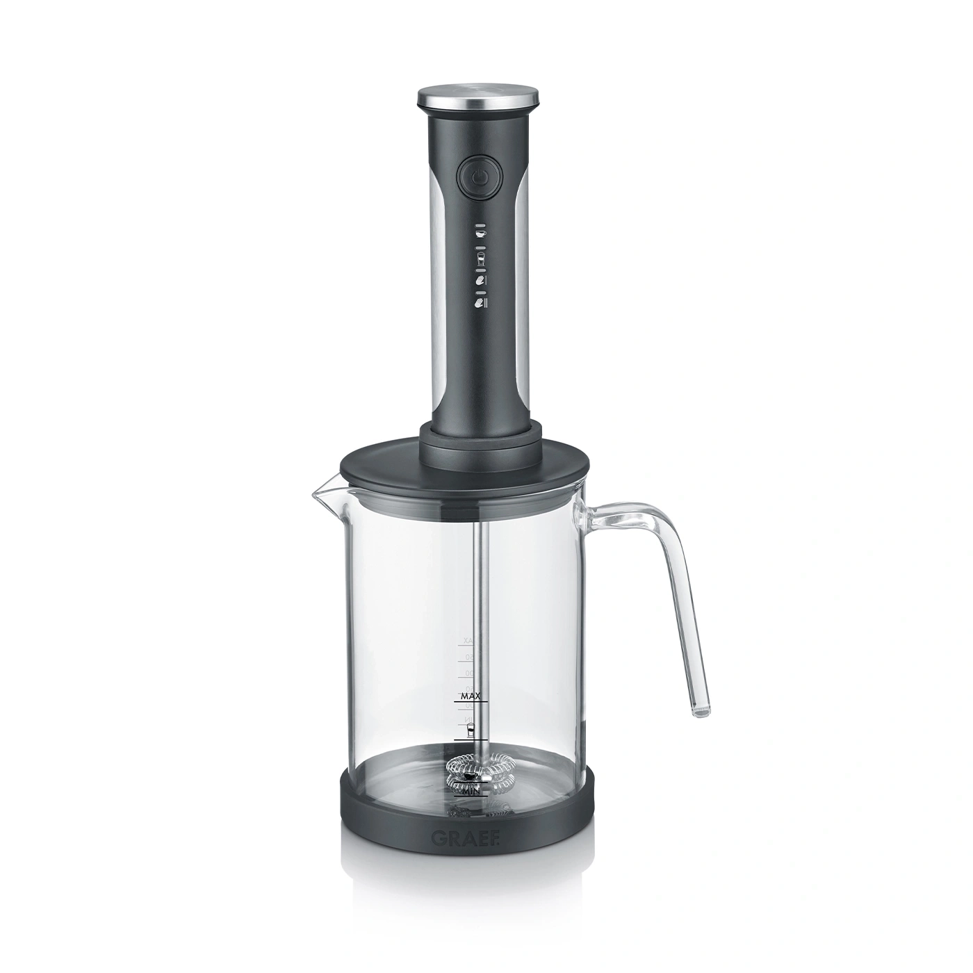 Mousseur à lait électrique avec récipient en verre, poignée, design gris et argent