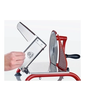 Slicing machine with red frame and silver blades, which is opened.