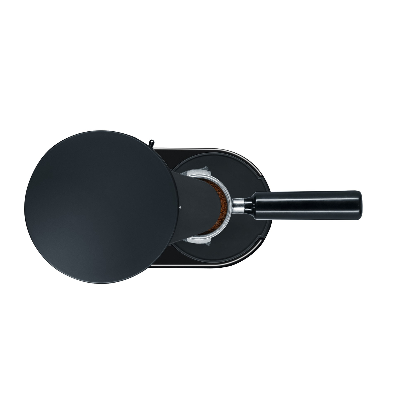 Coffee machine with portafilter and lid, top view, black, isolated