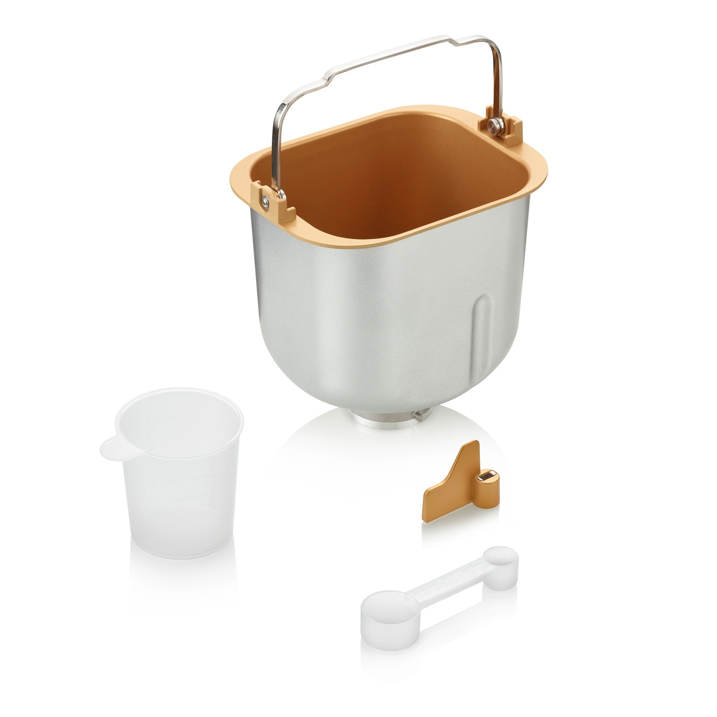 Macchina per il pane con accessori: misurino, lama impastatrice, cucchiaio dosatore e teglia.