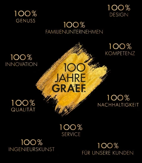 Logo dorato con testo: 100 anni Graef, qualità, innovazione, design, servizio