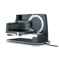 Affettatrice elettrica nera con logo Graef e cavo, isolata su sfondo bianco.