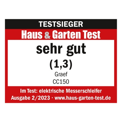 Test award for electric knife sharpener, rated very good by Haus & Garten Test.