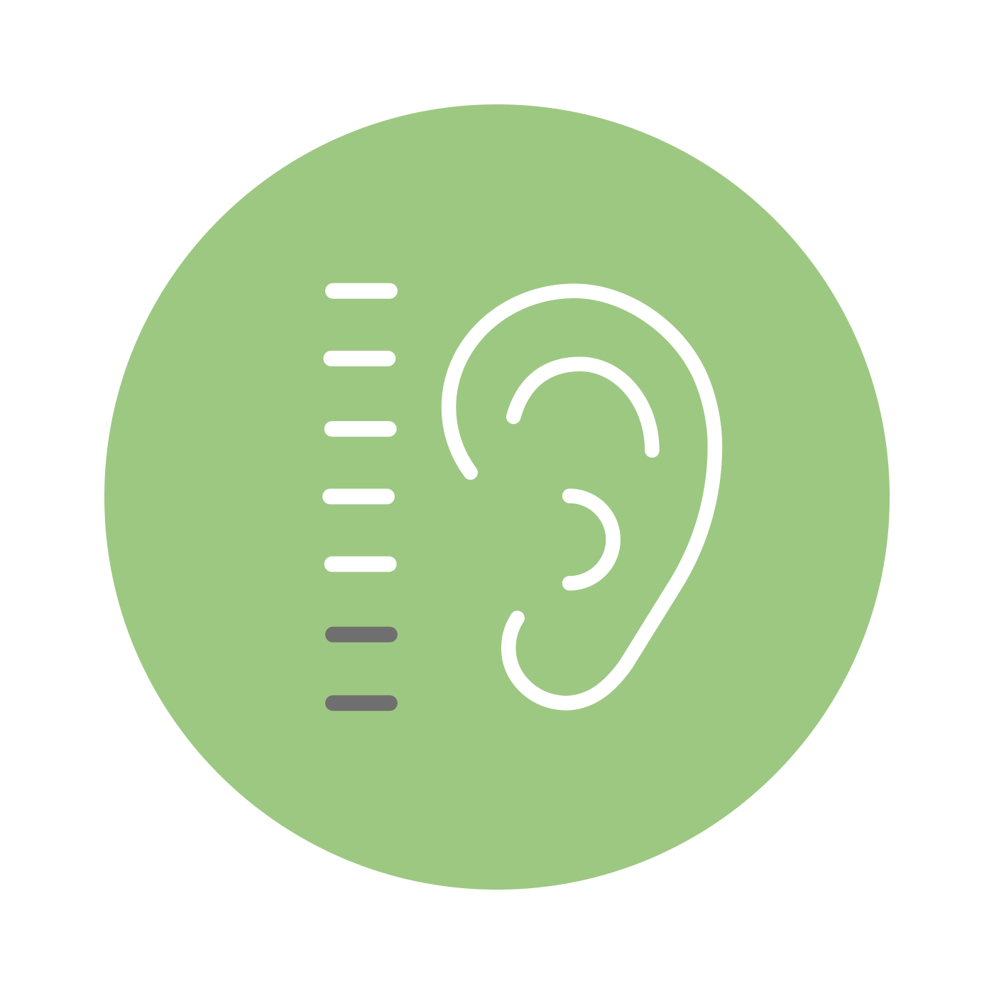 Symbole d'oreille avec échelle de mesure sur fond vert, pour tests et mesures auditifs.