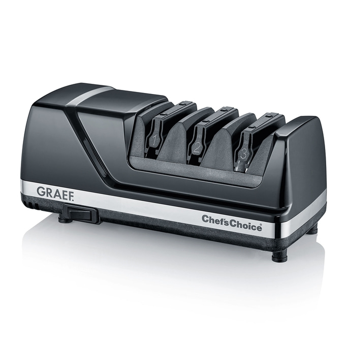 Black electric knife sharpener with three sharpening stages, GRAEF and Chef's Choice.