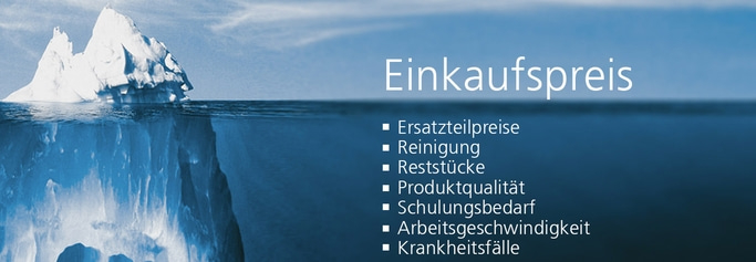 Eisberg mit Einkaufspreis-Themen: Ersatzteilpreise, Reinigung, Reststücke, Produktqualität, Schulungsbedarf, Arbeitsgeschwindigkeit, Krankheitsfälle