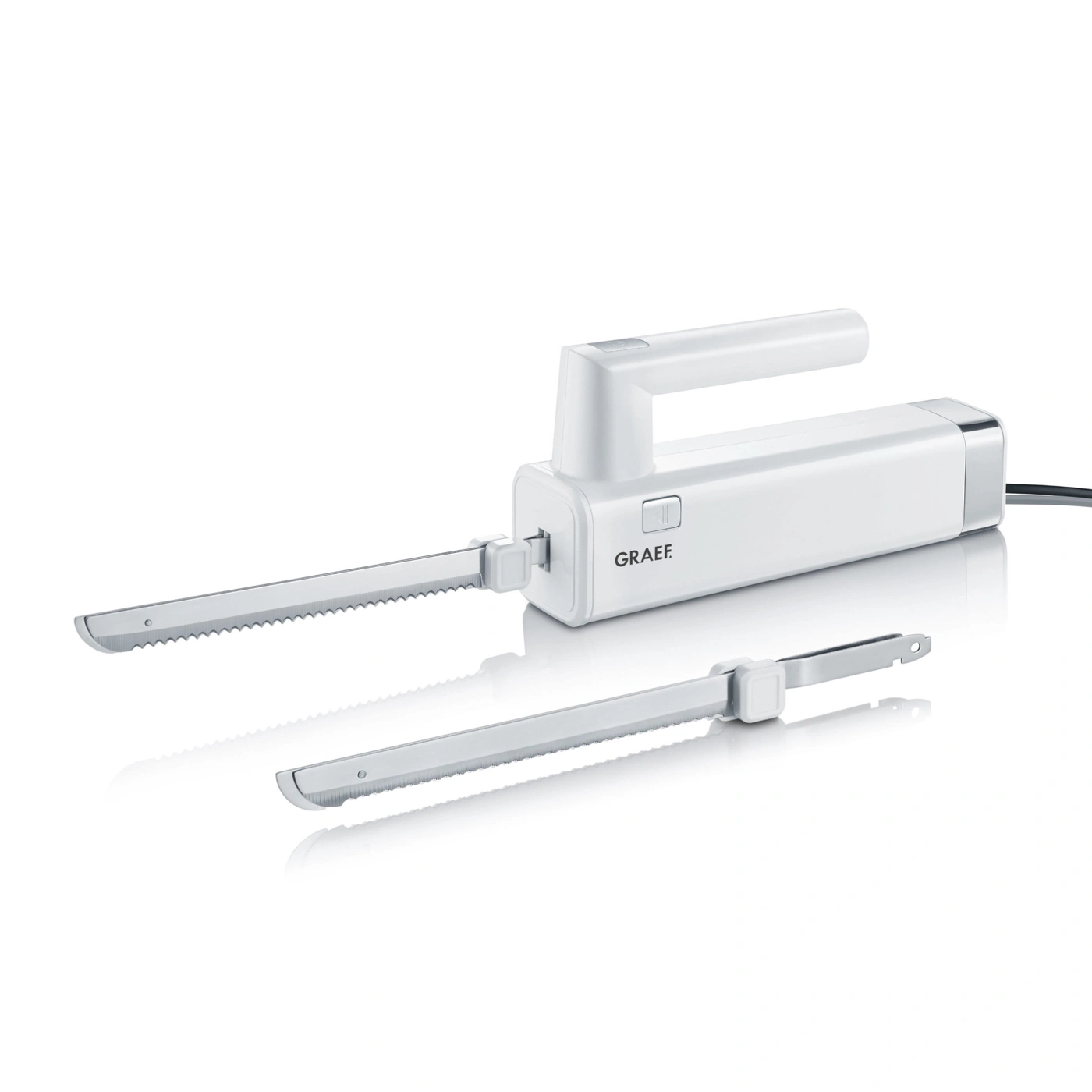Coltello elettrico bianco con due lame, logo GRAEF, isolato su sfondo bianco