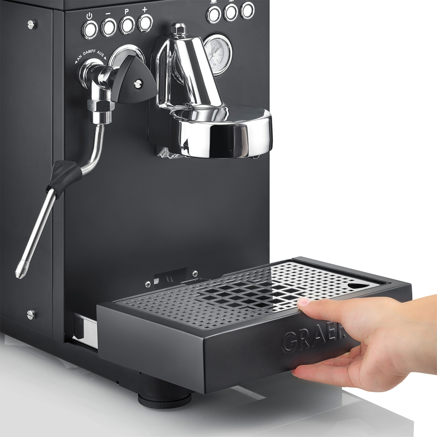 Black espresso machine with removable drip tray, steam valve, and pressure gauge.