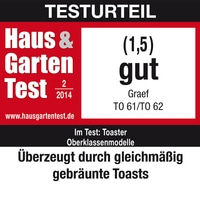 Test Haus & Garten, note (1,5) bon, Graef TO 61/TO 62, test de grille-pain, toasts uniformément dorés