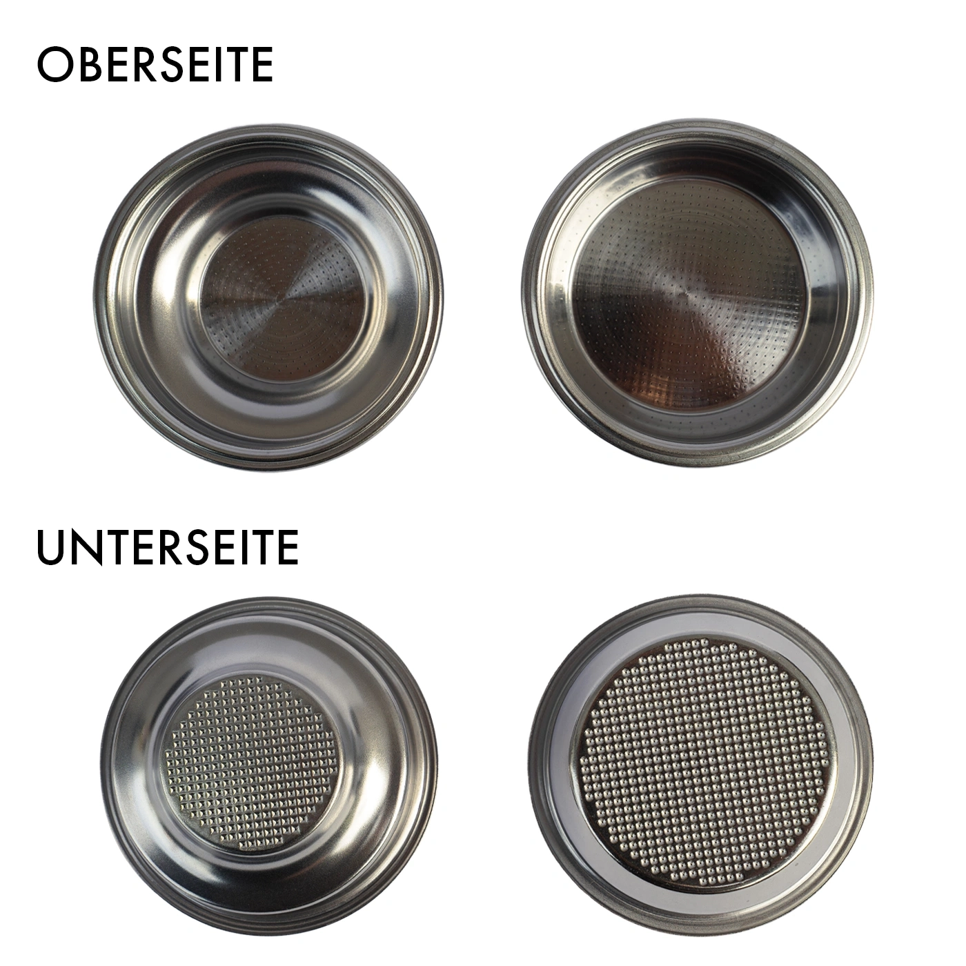 Vues supérieure et inférieure de paniers de filtre à café, gros plan
