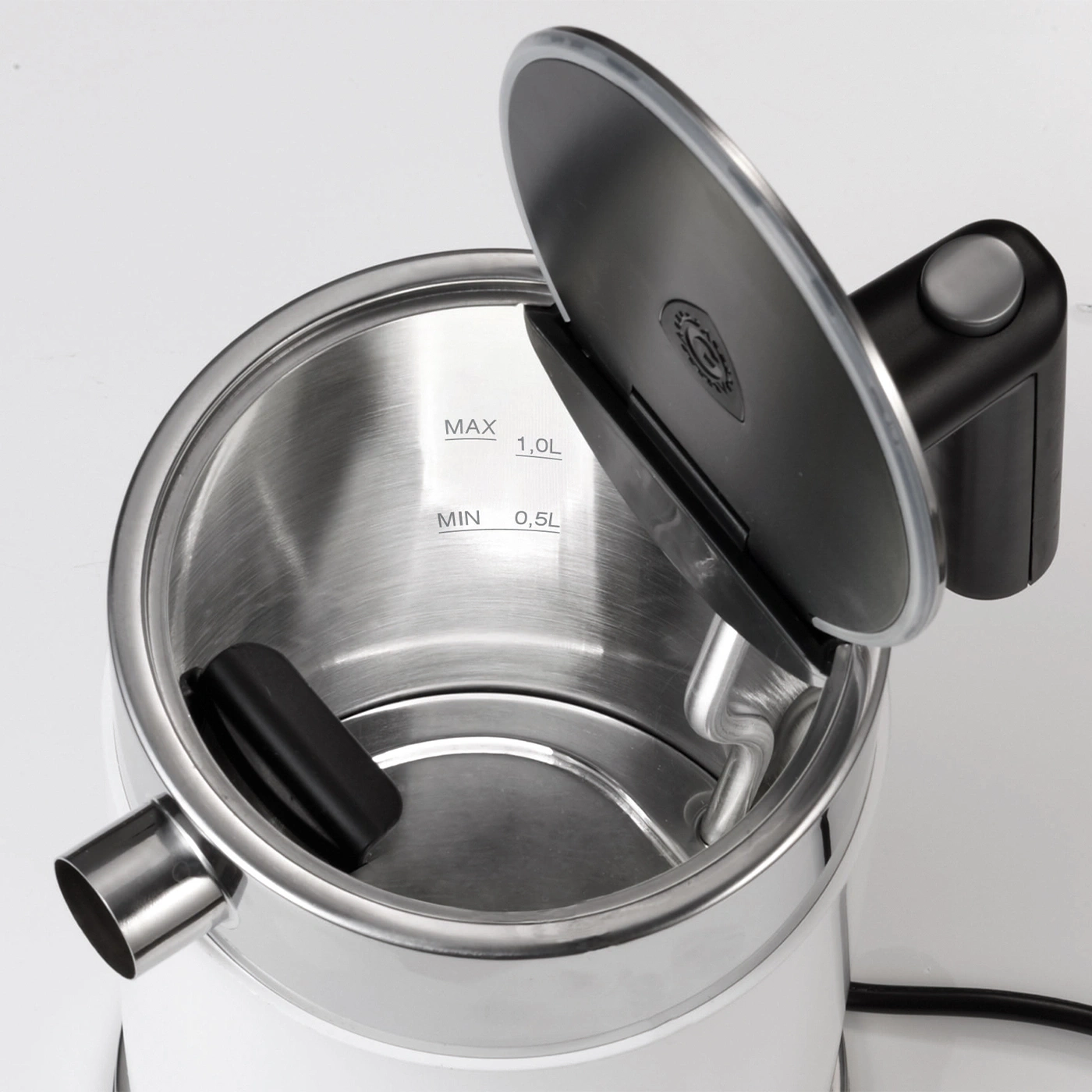 Bouilloire, ouverte, acier inoxydable, couvercle, poignée, MAX, MIN, 1,0L, 0,5L, blanc