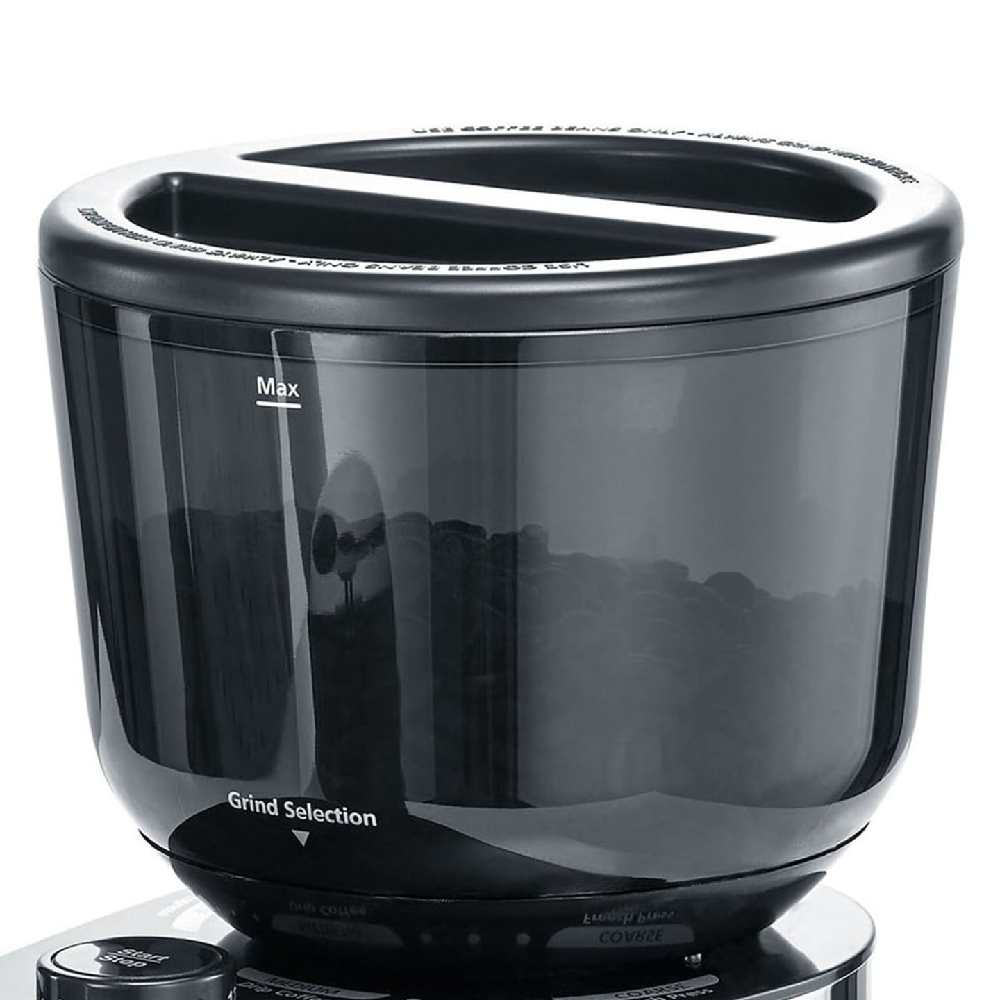 Moulin à café noir, grains à l'intérieur, sélection de mouture, marque max, récipient