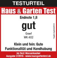 Résultat du test Haus & Garten Test: Note 1,8 bon pour la bouilloire Graef WK 402.