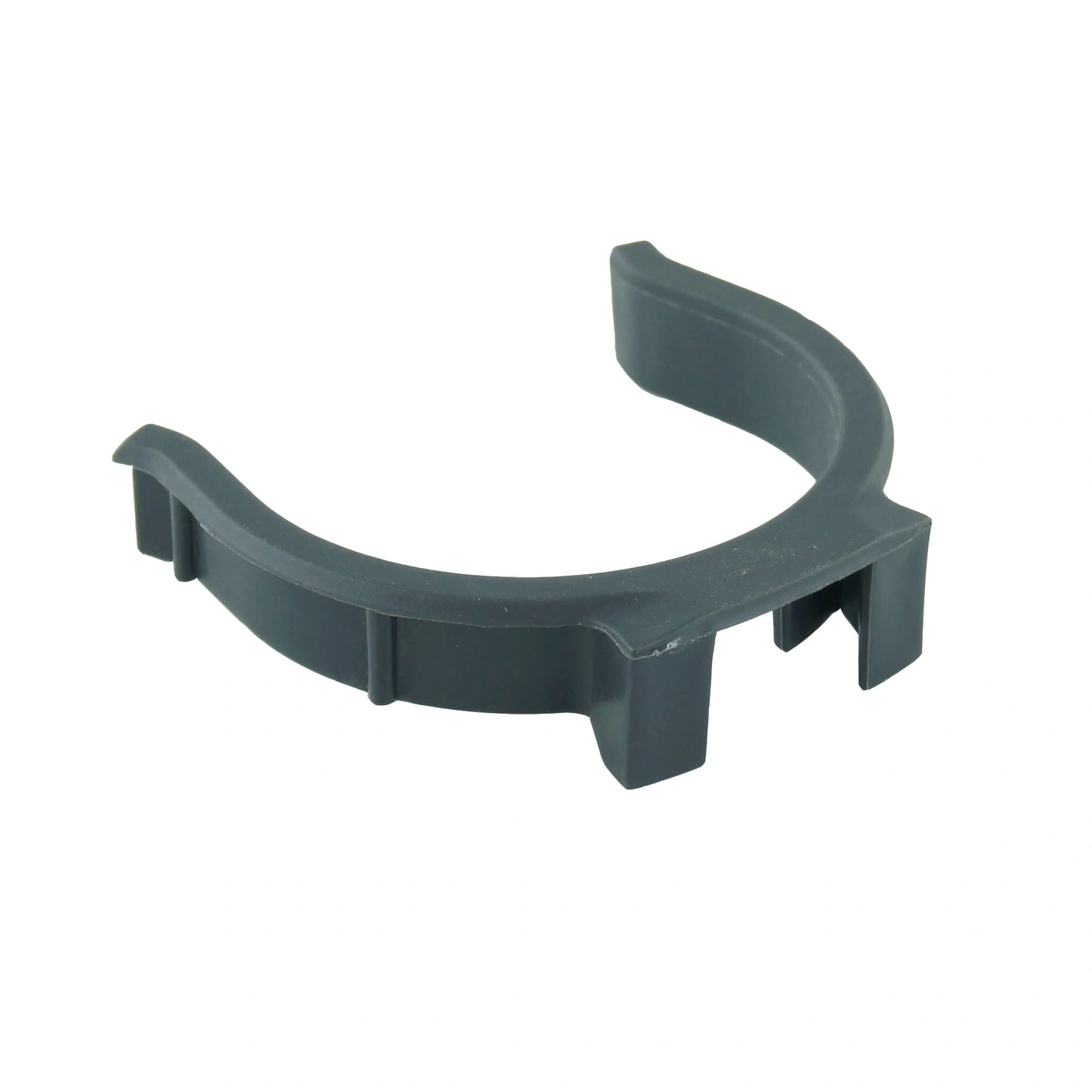 Semi-circular gray plastic clip isolated on a white background, close-up.