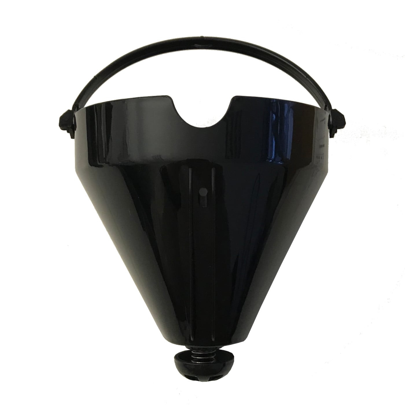 Black coffee filter with handle and conical shape, isolated on white background