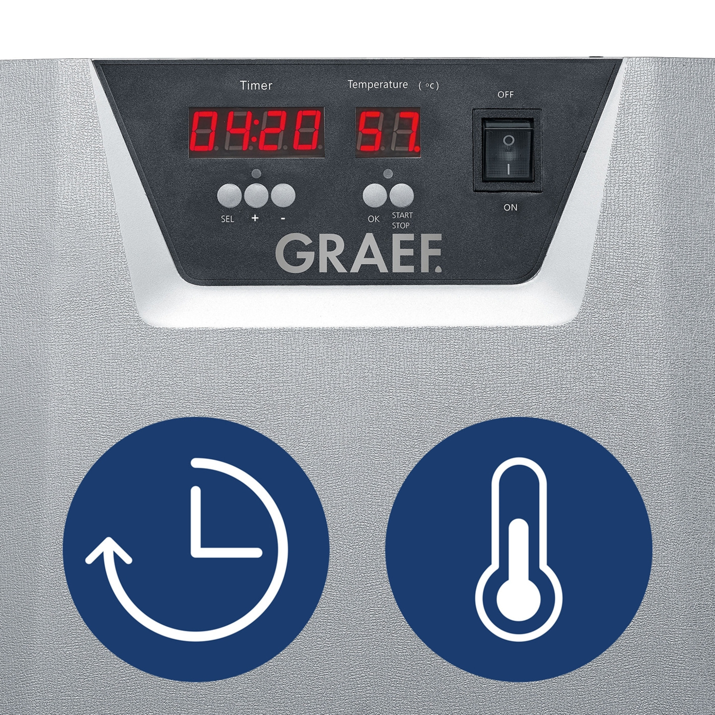 Timer and temperature display with control panel and GRAEF logo.