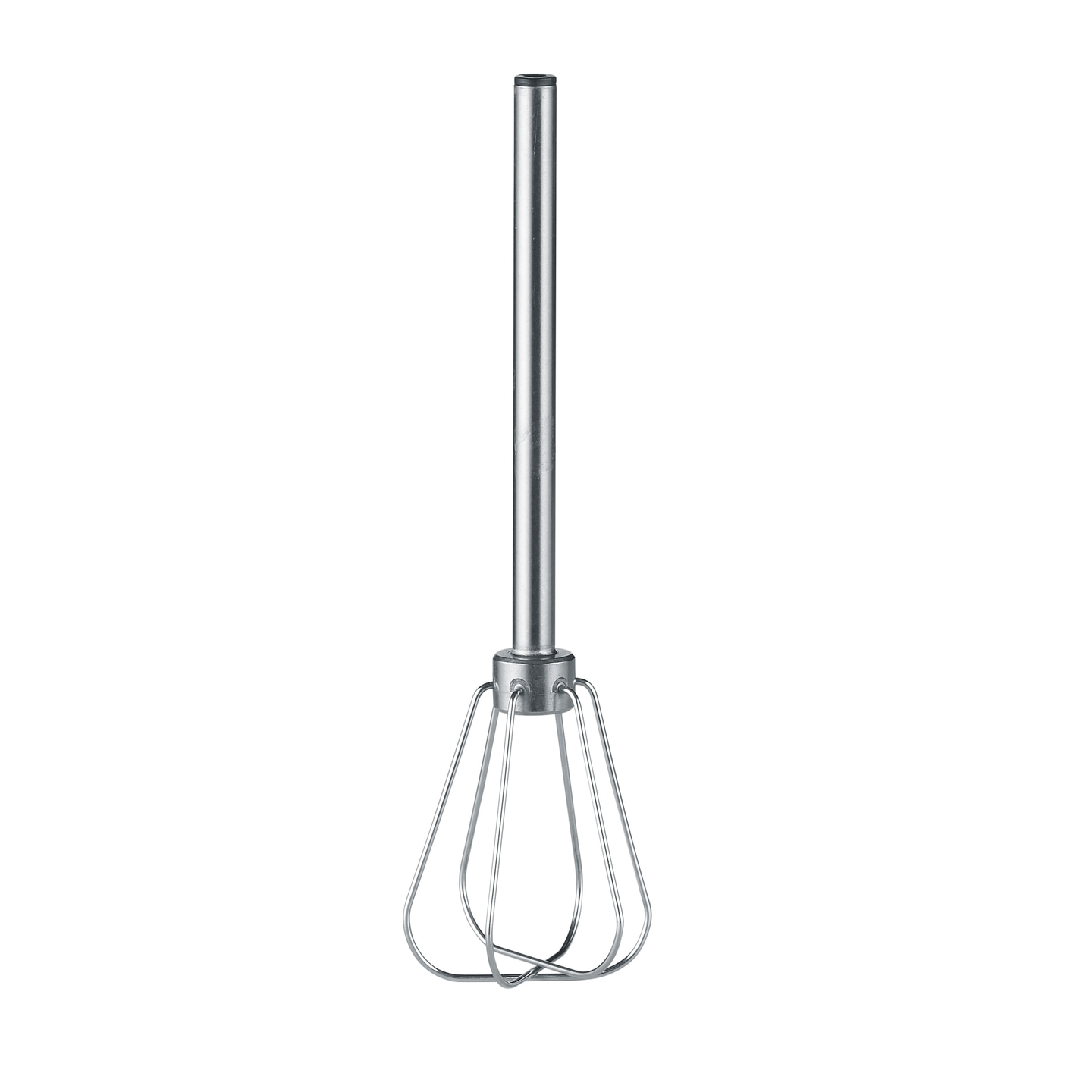 Un fouet argenté avec un long manche et des boucles en fil de fer.