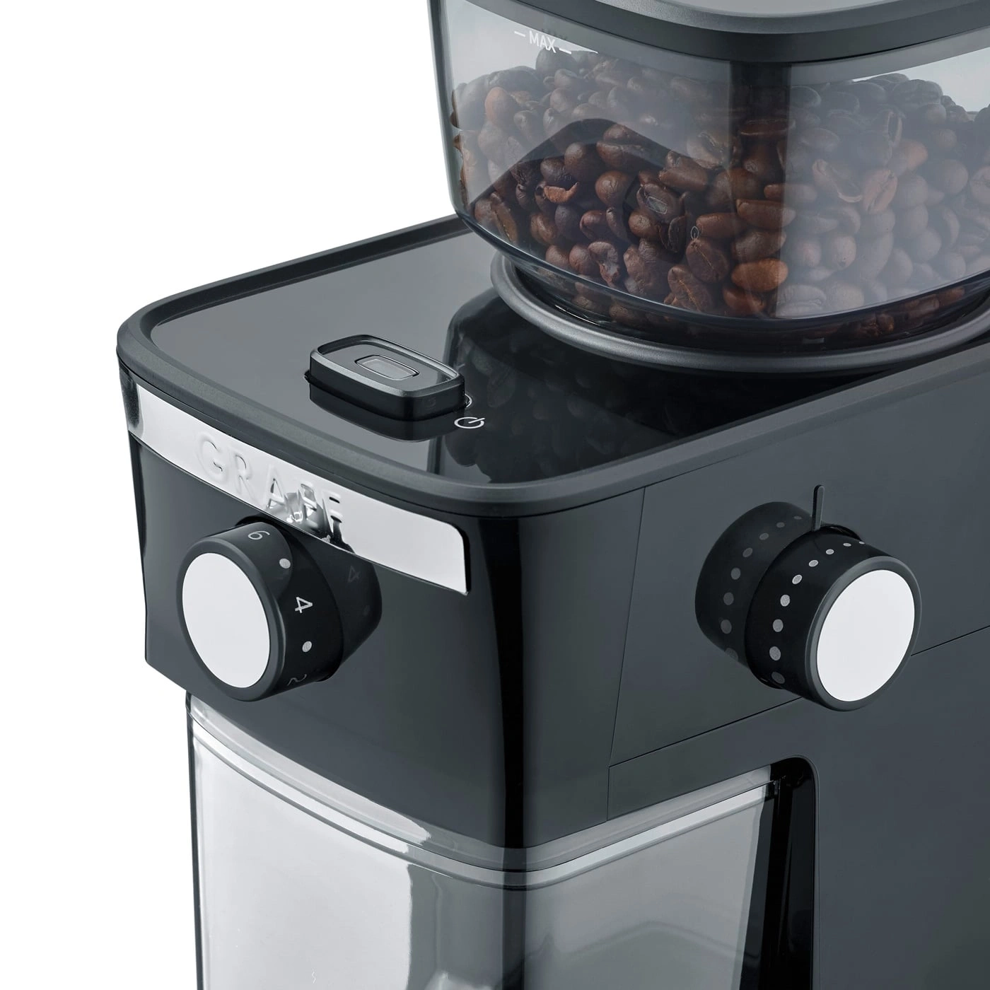 Coffee grinder with beans and dials, close-up shot, black