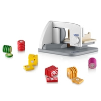 Toy bread slicer with toy food, wooden toy, GRAEF logo, white background, kitchen toy