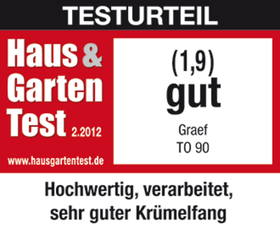 Résultat du test Haus & Garten Test 2.2012, note 1,9 bien, Graef TO 90, haute qualité, ramasse-miettes.