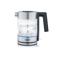 Bouilloire en verre et acier inoxydable avec eau bouillante, logo GRAEF