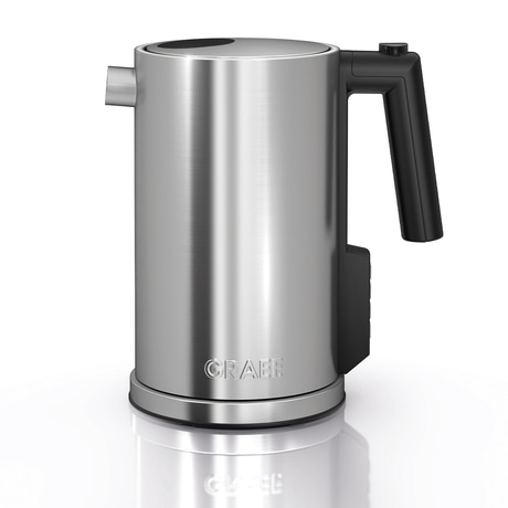 Stainless steel kettle with black handle and logo, shiny