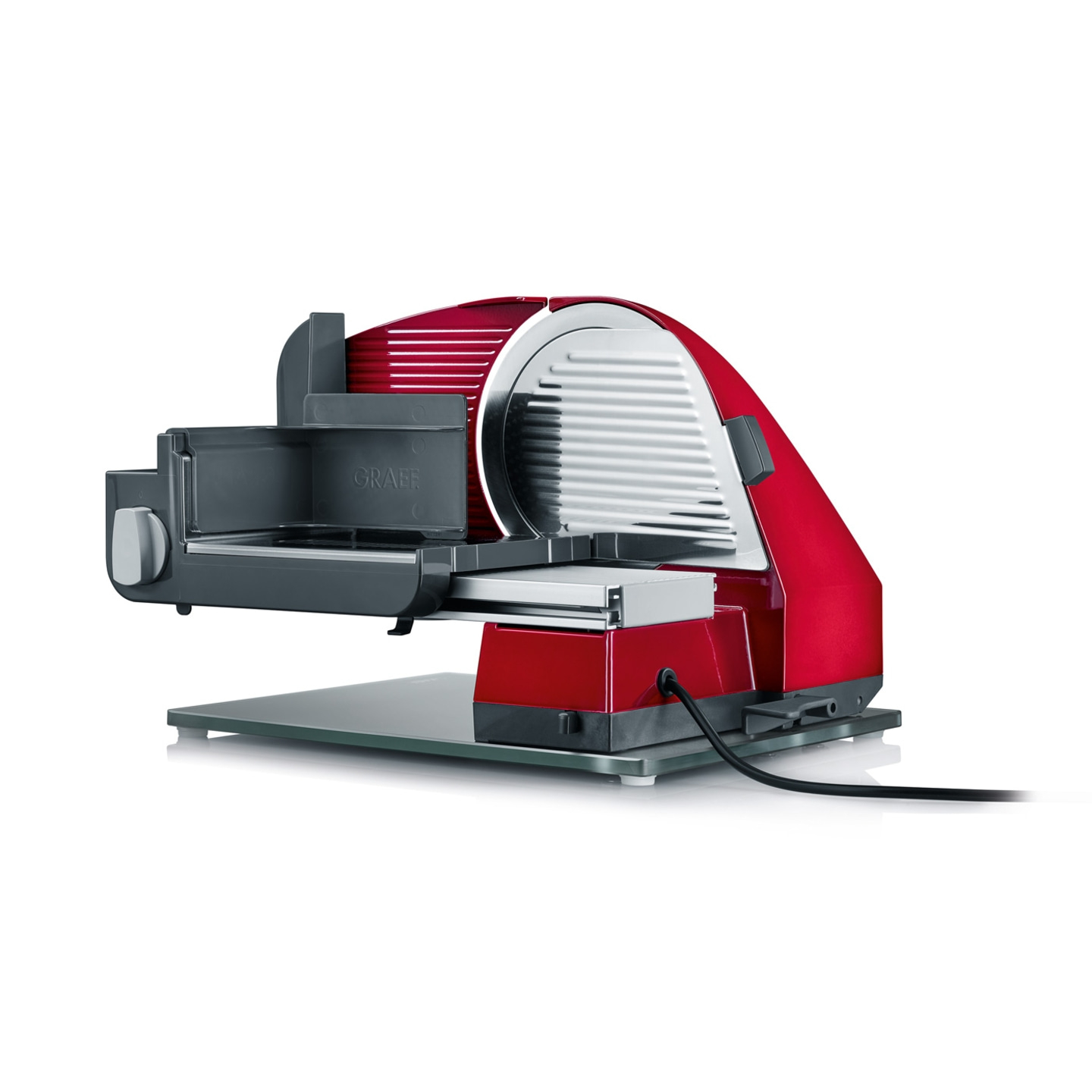 Trancheuse électrique rouge, marque Graef, avec plaque de verre et cordon d'alimentation.
