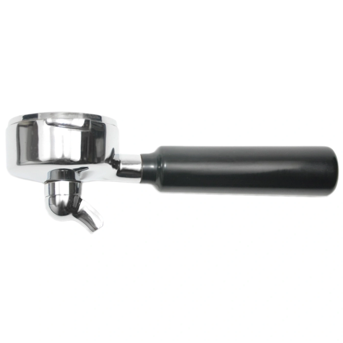Chrome coffee machine portafilter with black handle isolated on white background