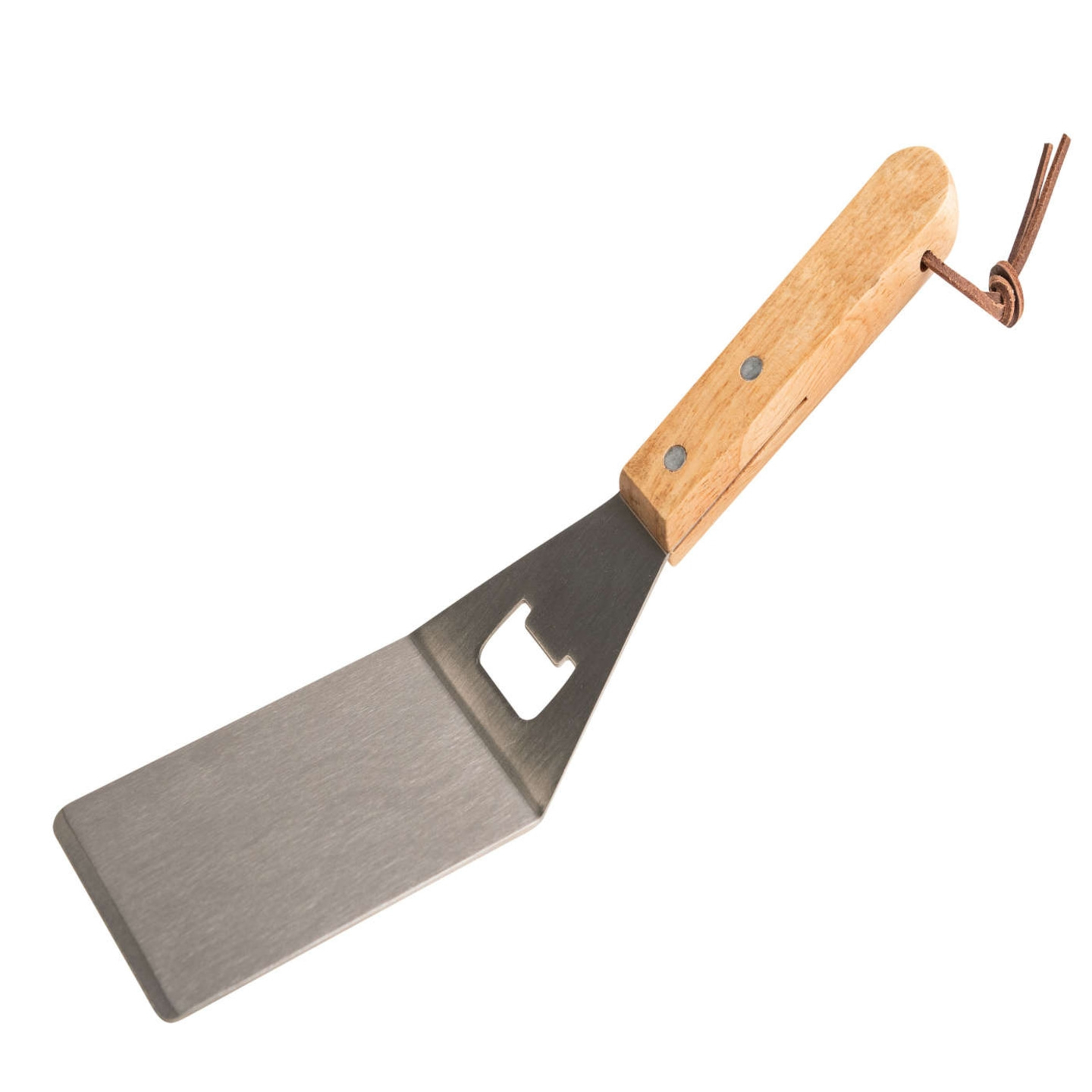 Spatule de barbecue avec manche en bois et ouvre-bouteille, isolé sur blanc