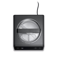 Gray ice cream maker with buttons, transparent lid, and power cord