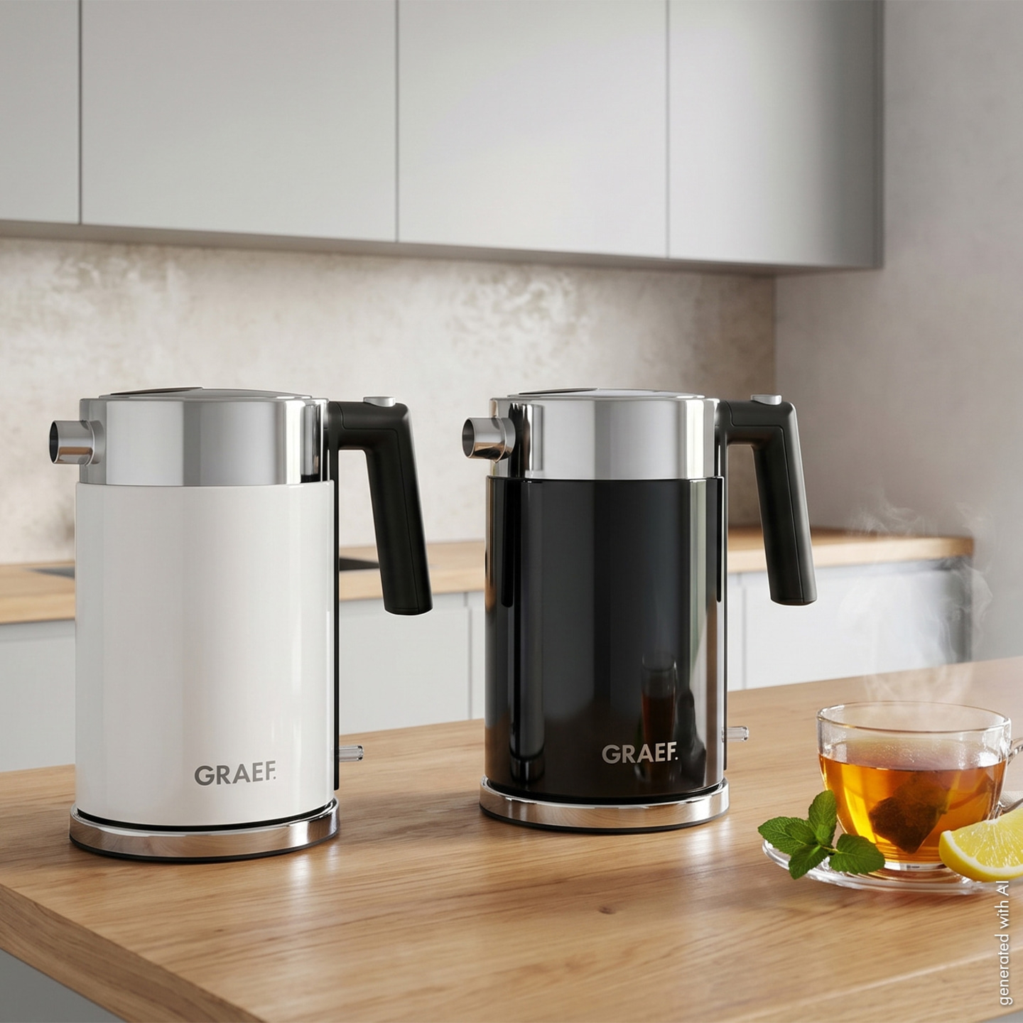 Two GRAEF kettles, one white, one black, with a cup of tea beside them.